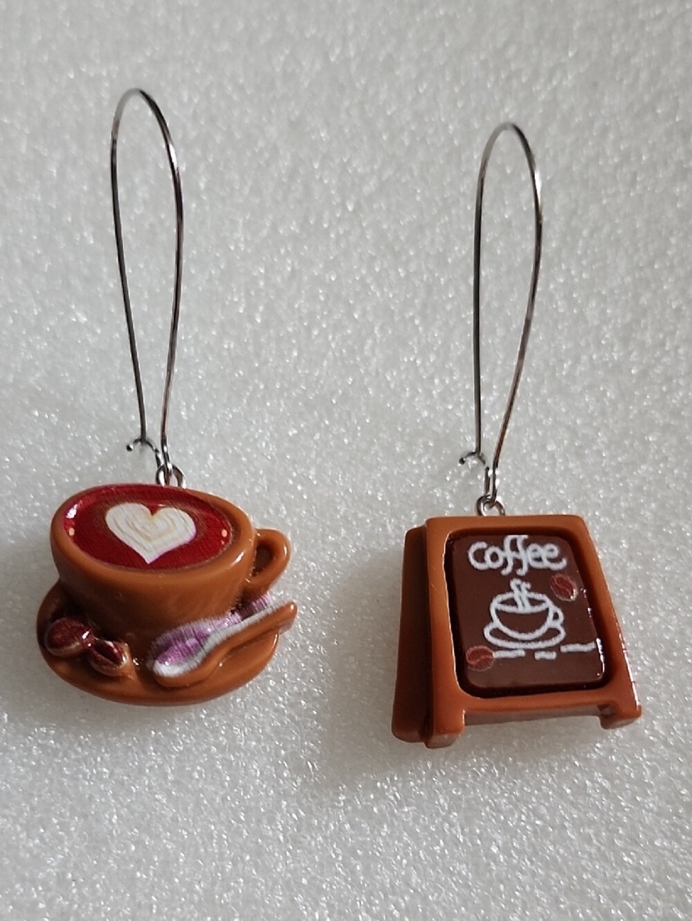 Hand Crafted Brown and Red Coffee Cup & Sign Earrings